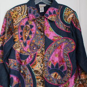 Coldwater Creek Denim Jean Paisley Appliqued Jacket Sz M